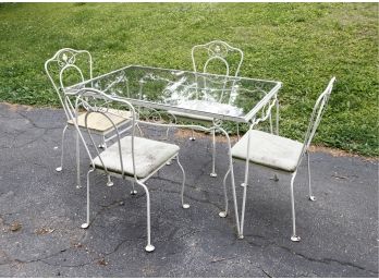 Vintage Salterini Wrought Iron & Glass Topped Table And 4 Chairs W Vine And Clover Design - Set Of 5