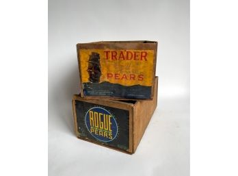 Pair Of Vintage Wooden Crates With Pear Fruit Advertising