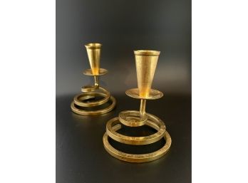 Pair Of Mid-Century Solid Brass Spiral Candlesticks