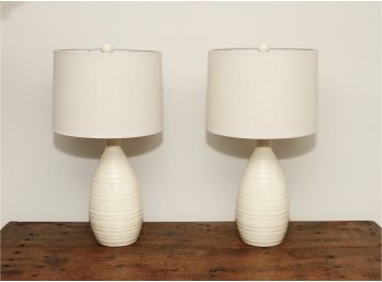 Pair Of Cream Tone Ceramic Lamps With Shades & Finials