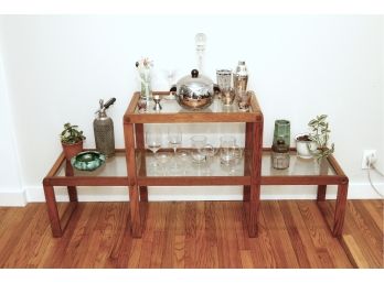 Vintage Mid Century Oak And Glass Two Tiered Oak And Glass Bar And Plant Stand - 2 Sided