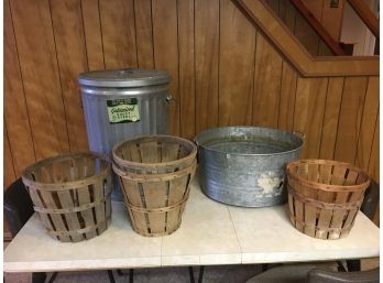 Lot Of Garbage Can, Wash Tub, And Wood Fruit Baskets