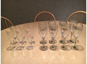 Set Of 8 Hand Blown Iridescent Art Glass Wine Glasses And 6 Smaller Glasses