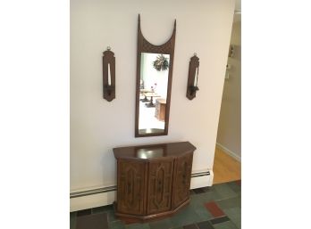 Wood Entryway Set Including Console Table, Mirror, And Candle Holders