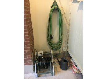 Lot Of Hose Reel, Hose, And Watering Can