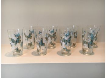 Set Of 8 Mid Century Butterfly Pattern Glasses