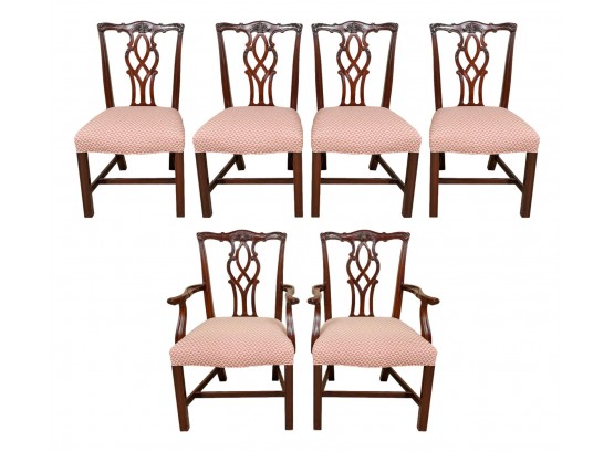 Set Of Six Kindel Chippendale Style Carved Wood Dining Room Chairs