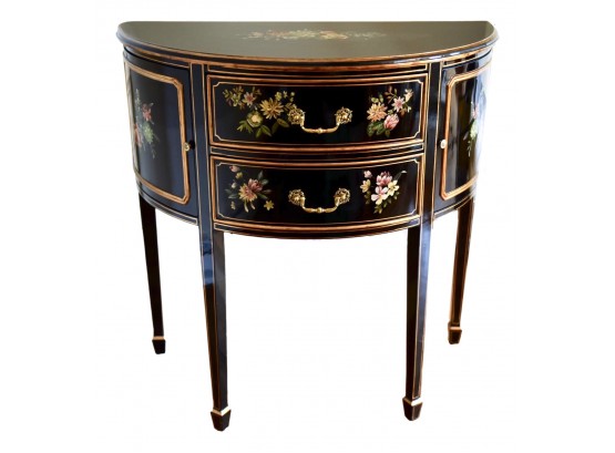 Maitland Smith Hand Painted Black Lacquer Floral Demilune Console (RETAIL $2,210-see Receipt)
