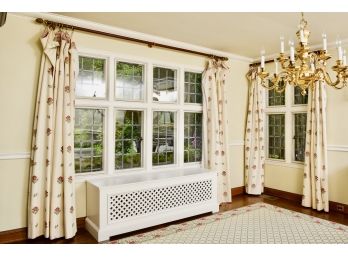 Scalamandre Custom Embroidered Floral Drapes With Dane Check Band, Rods And Hardware (RETAIL $4,735)