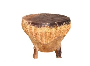 African Hand-carved Twisted Leather And Hide Drum Table