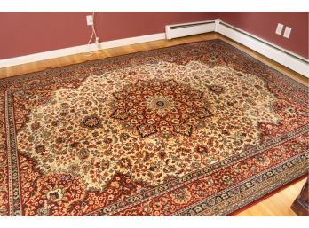 Red And Cream Oriental Rug With Fringe