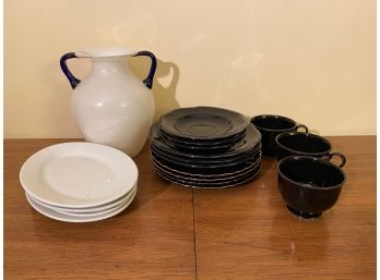 Black & White Plates, Pitcher And Cups