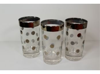 3 MCM Silver Rim Silver Polka Dot Water Tumblers By Libby - Dorothy Thorpe Inspired