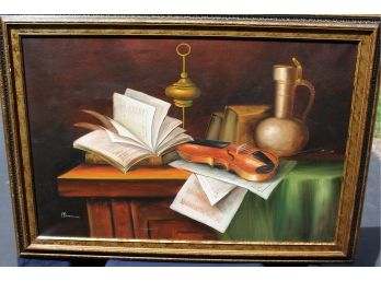 Large Original Oil Signed By Moram - Still Life With Violin
