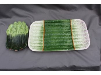 Hand-Painted Asparagus Platter And Small Veggie Dish