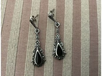 Sterling Silver, Marcasite, And Onyx Earrings