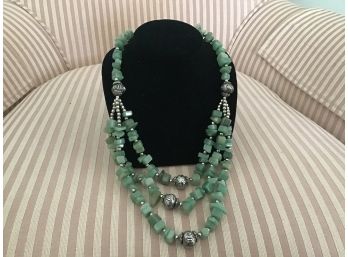 Triple Strand Silvered Beaded And Green Stone Necklace - Lot #1