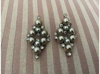 Signed Gold Tone And Faux Pearl And Rhinestone Earrings