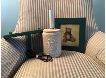 Box Lot Including Teddy Bear Painting, Wall Shelf, And Ceramic Table Lamp