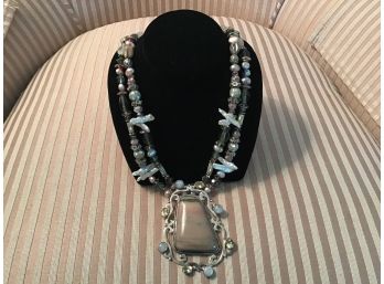 Signed AF Sterling Silver, Pearl, And Multi-colored Double Strand Necklace