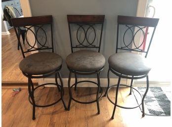 Iron And Wood Barstools With Swivel Seats, Set Of 3