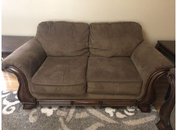 Large Tufted Back Wood And Upholstered Love Seat