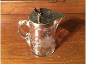Etched Glass Syrup Pitcher Chrome Lid