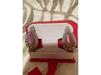 Vintage Silver Tone Marcasite Style Pierced Earrings Pink Stone