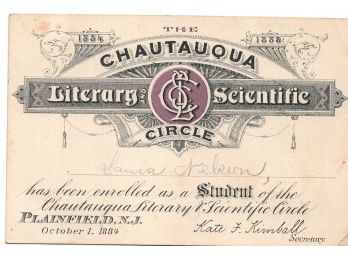 Chautauqua Society - Lieterary And Scientific Circle - Student Membership Card  1884