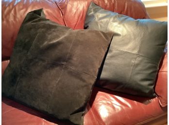 154, Pair Large Black Pillows, Leather And Suede