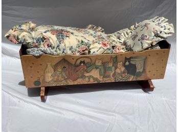 46, Vintage Hand Painted Doll Bed With Cat Decor (1 Of 2)