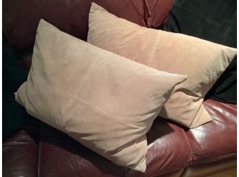 152, Pair Camel Colored Suede Pillows With Down Inserts