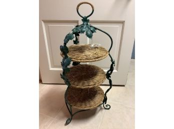 160, Ivy Three Tier Serving Tray In Wicker And Green Iron