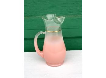 Mid Century Pink Glass Frosted Pitcher With Gold Stripe By Blendo