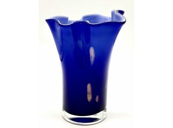 Stunning Italian Cobalt Blue Murano Glass Vase With Ruffled Edge & Copper Accents