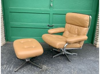 Stunning Mid Century Tan Leather Reclining Lounge Chair With Ottoman