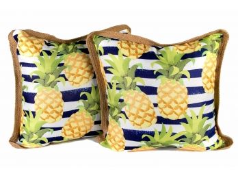 Pair Of Hawaiian Printed Pineapple Jute Trim Reversible Pillows