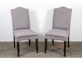 Pair Of Grey Tall-Back Dining Chairs With Chrome Nailhead Trim