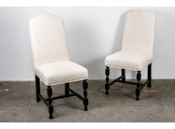 Pair Of Classical Armless Dining Chairs In Neutral White