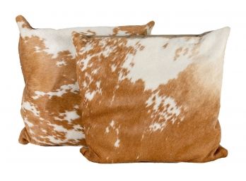 Pair Of Genuine Light Brown & White Cow-hide Throw Pillows