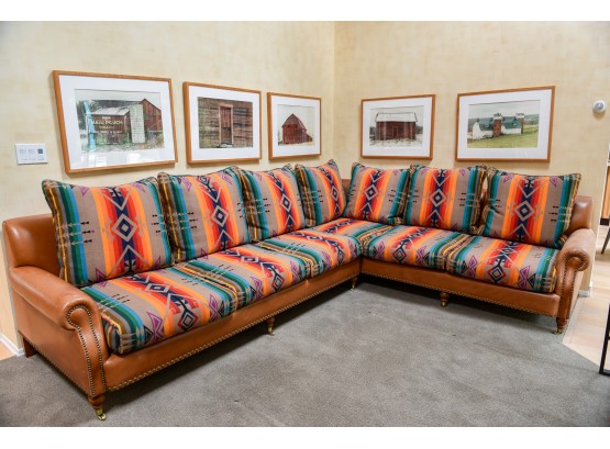 Custom Made Leather Two Piece Sectional Sofa With Navajo Pattern Design