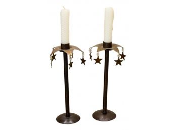 Pair Of Brass Hammered Candlestick Holders