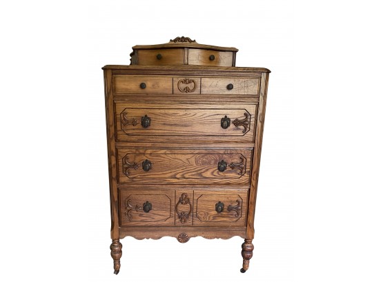 Antique Tall Oak Dresser With Rare Top Storage