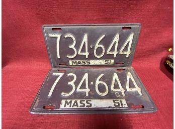 Vintage Pair Of 1951 Mass. Burgundy Plates