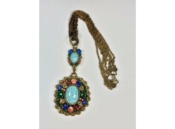 Large Ornate Vintage Pendant And Necklace With Multi Colored Stones