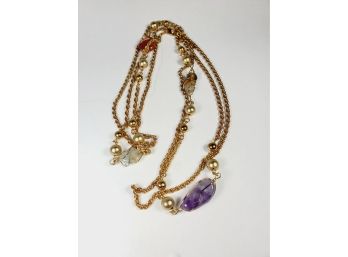Long Gold Tone Multi Stone Double Chain Necklace