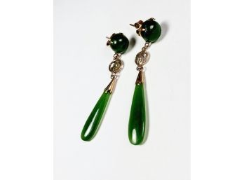 18k Gold Deep Green Jade Hanging Earring