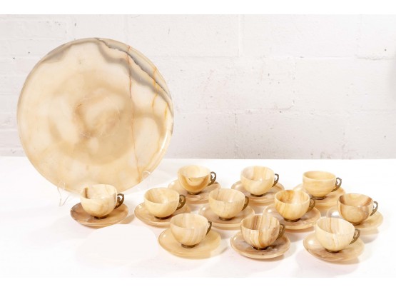 Set Of Ten Stone Teacups & Saucers With Platter