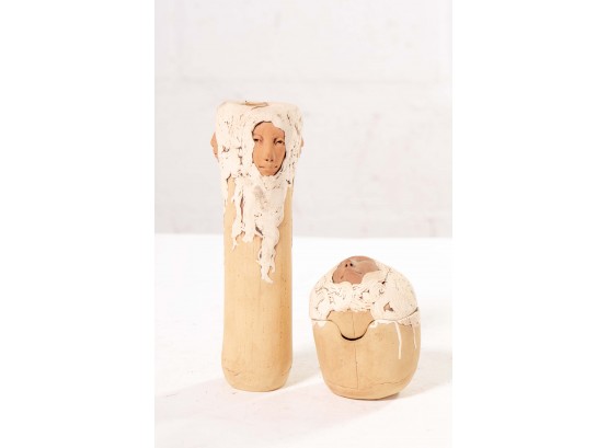 Pair Of Art Pottery Vessels Featuring A White-haired Woman Design