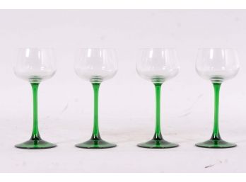 Set Of Four French Green Stemmed Cordial Glasses